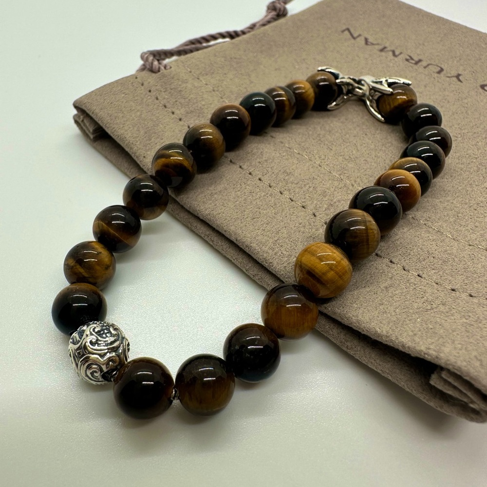 David Yurman Tiger's Eye Beaded Bracelet with Silver Accent